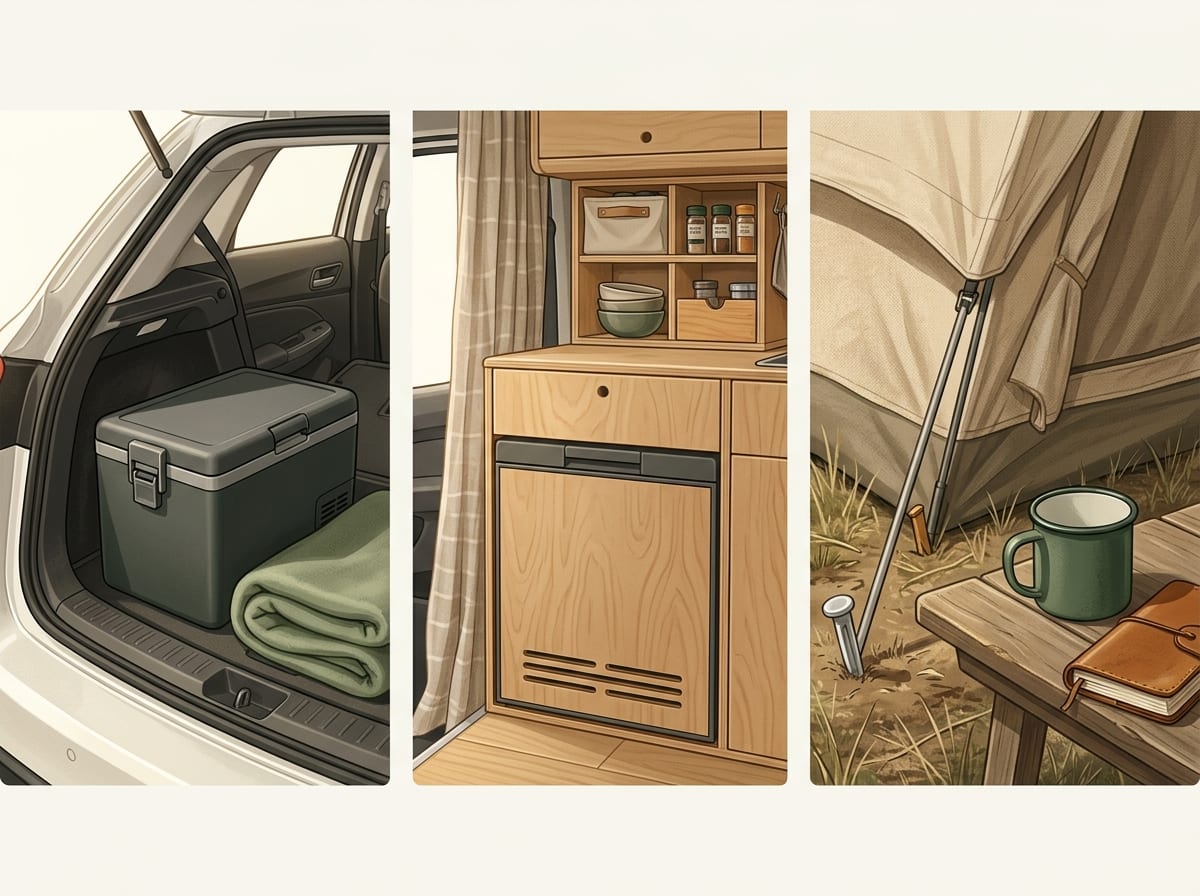 Scenariusze podróży: auto, kamper i camping — lodówka w bagażniku i na postoju w jednej spójnej kompozycji